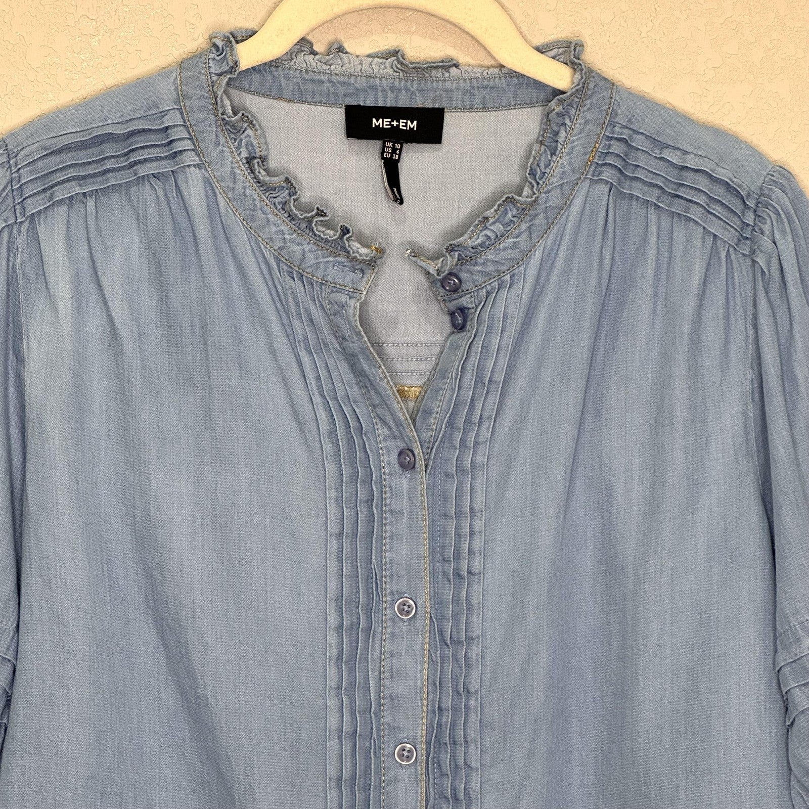 ME+EM Shirt Womens UK 10 US 6 Blue Ruffle Button Cotton Top Blouse SS24WT925