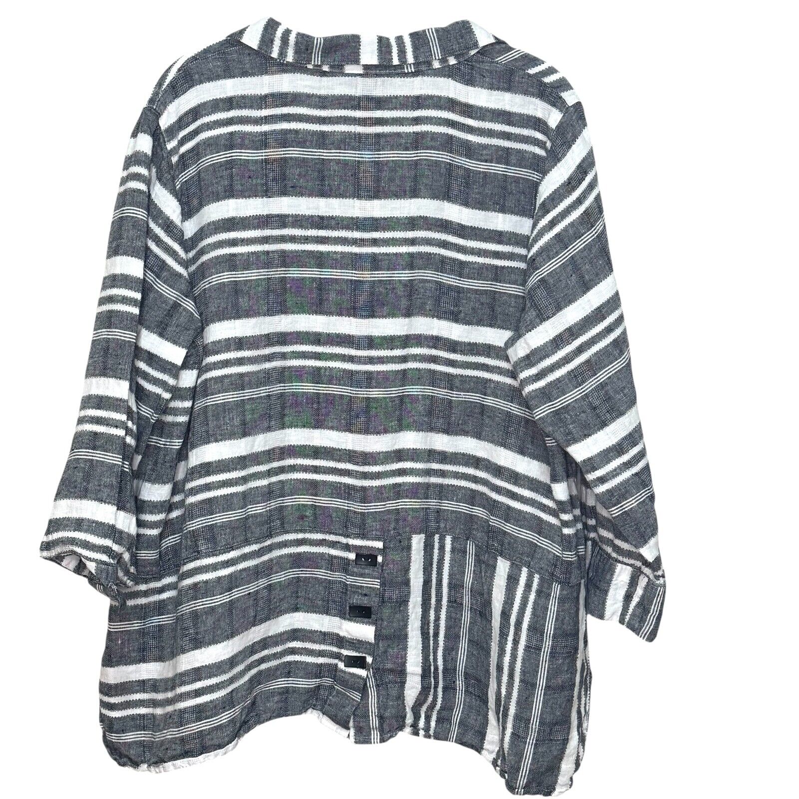 Ali Miles Womens Tunic Top Size 1X Linen Black Grey White Stripes Buttons Artsy