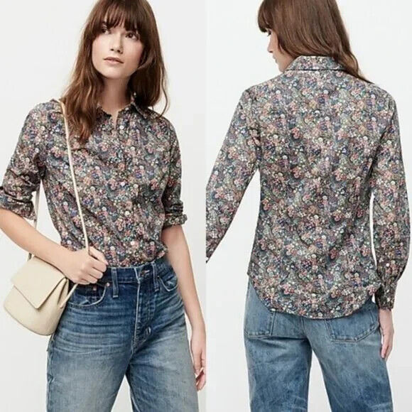 J Crew Liberty Shirt Top Size 4 Elderberry Floral Cotton Button Down Long Sleeve