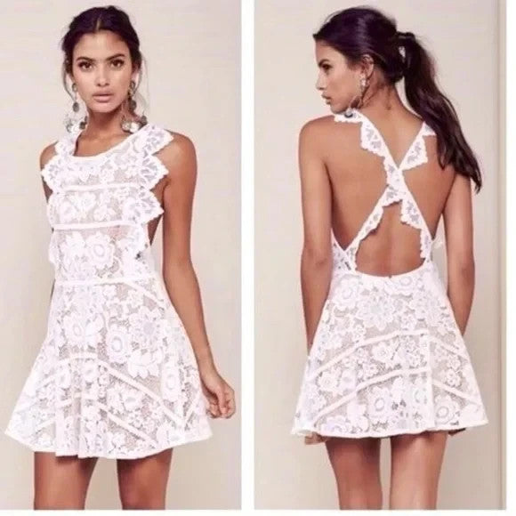 For Love & Lemons Dress Womens XS White Floral Lace Fit & Flare Open Back Mini