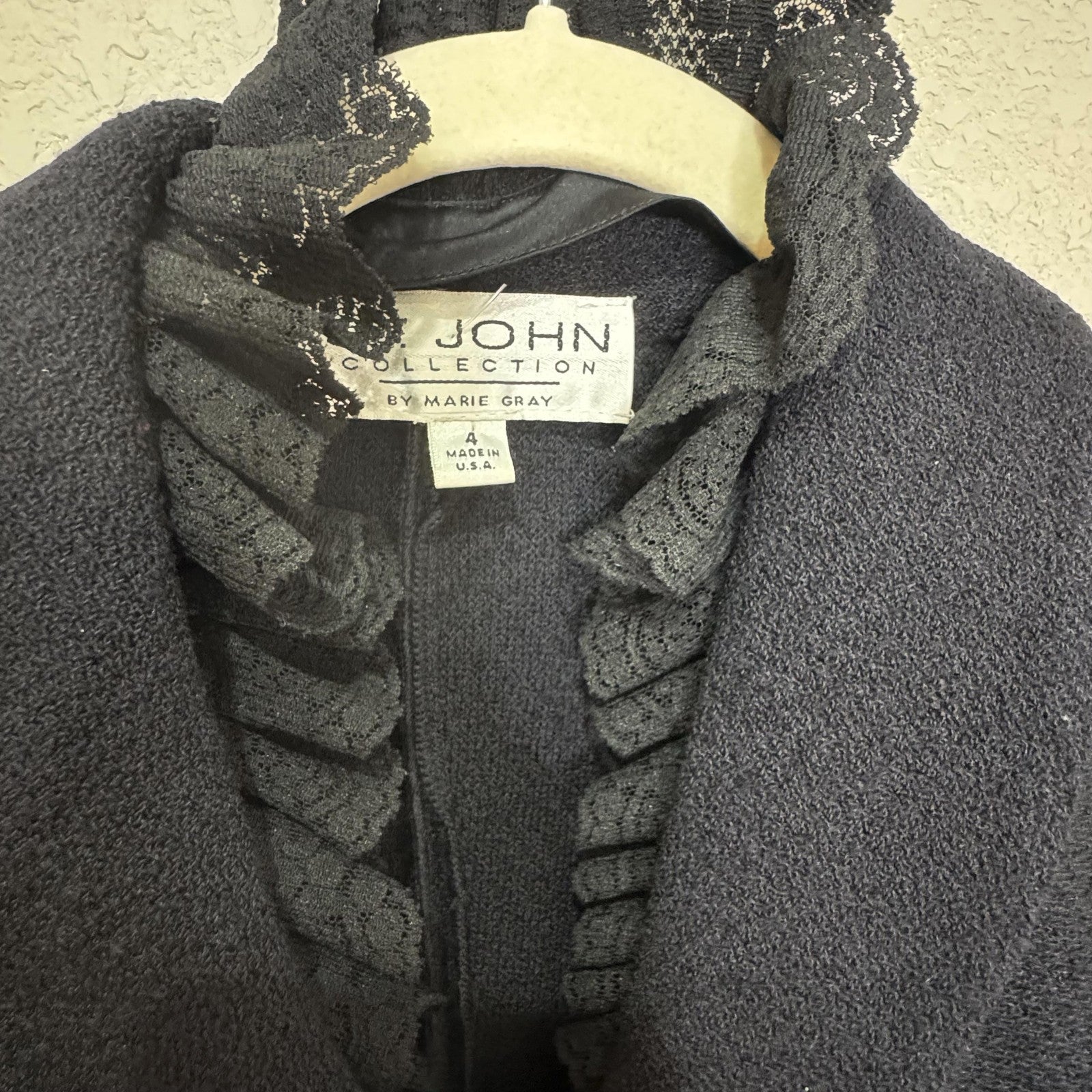 St John Collection Blazer Womens 4 Black Lace Ruffle Collar Corset Trim Made USA
