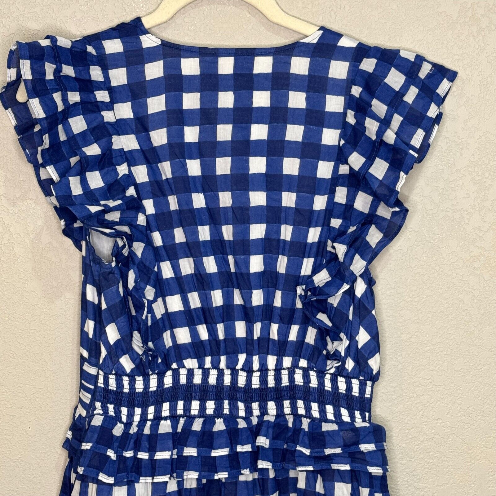 Cleobella Benny Mini Dress Size Small NEW Blue White $250 Ruffle Sleeve Smocked