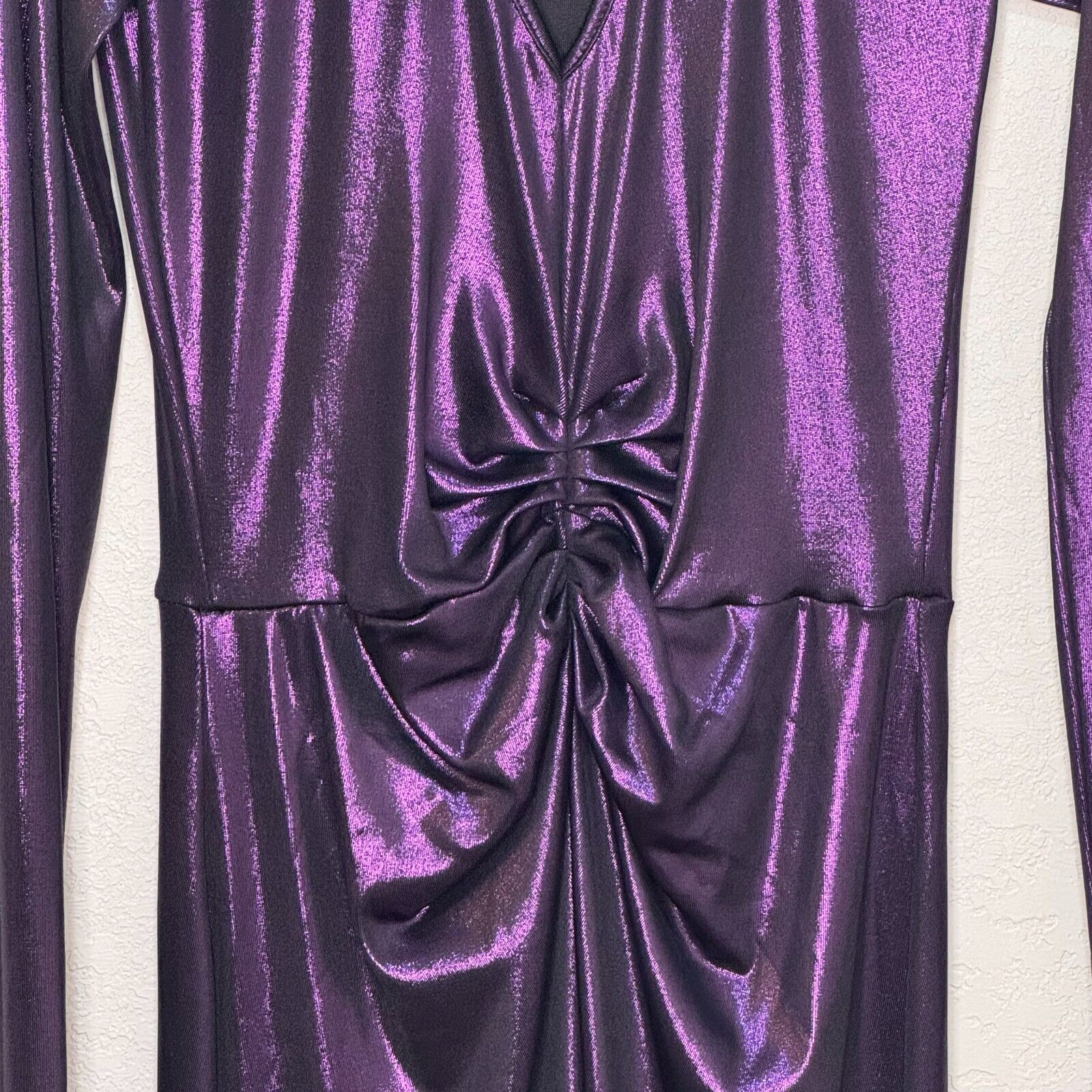 ROTATE Birger Christensen Midi Dress Size Small Number 7 Metallic Purple Ruched