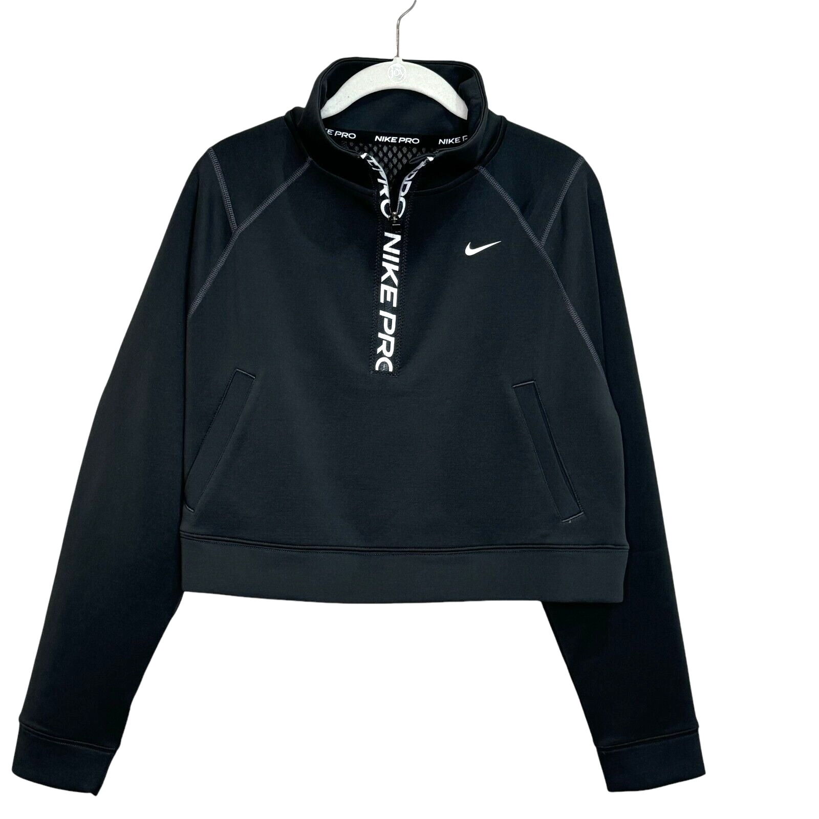 Nike Pro NEW Women Black White Long Sleeve 1/2 Zip Cropped Sweatshirt Size Small