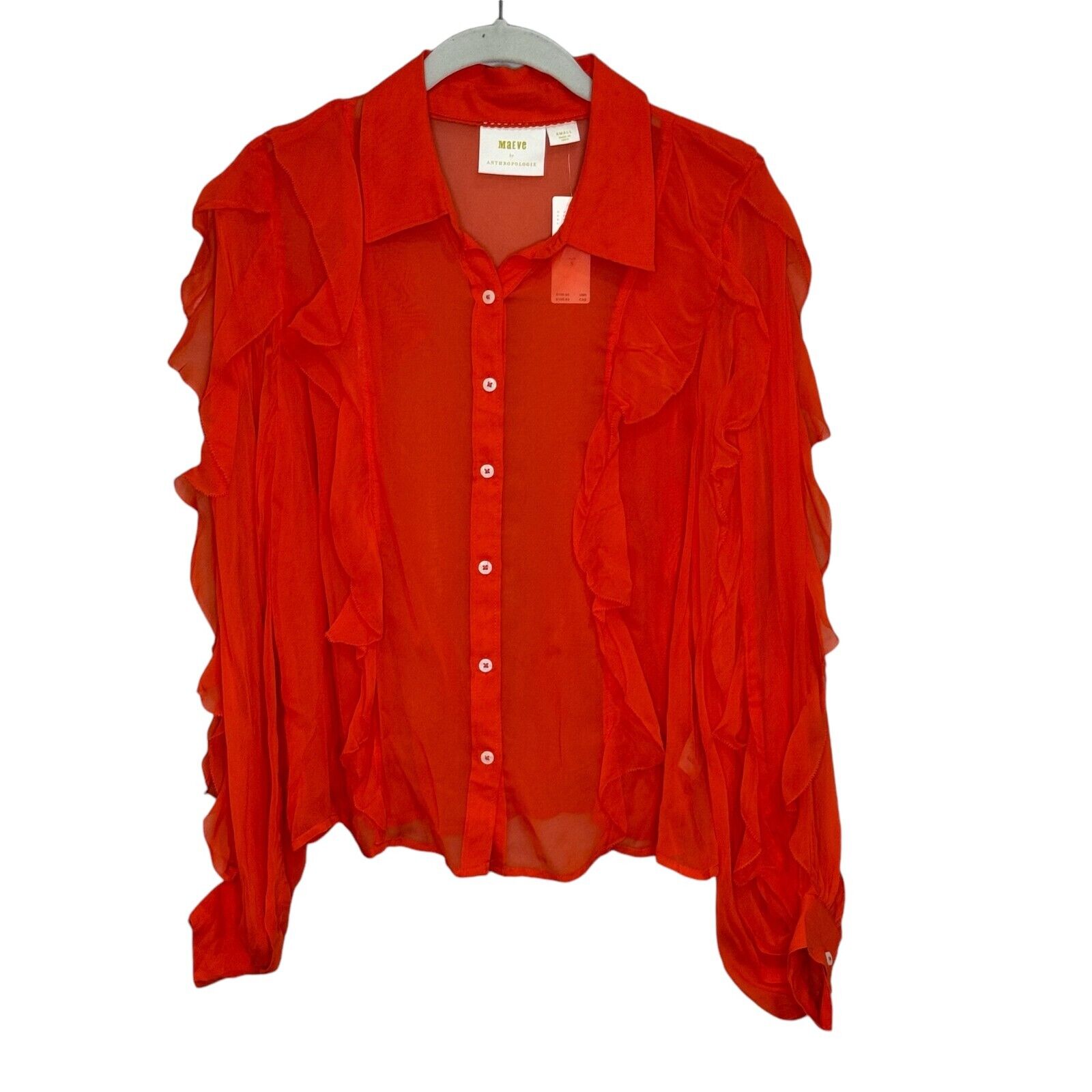 Anthropologie Maeve Red Chiffon Sheer Ruffle Blouse Size Small $130