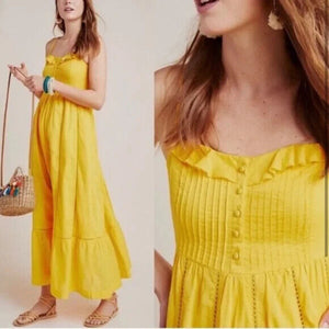 Anthropologie Maeve NEW Yellow Pintuck Button Front Maxi Dress Size 14 Petite