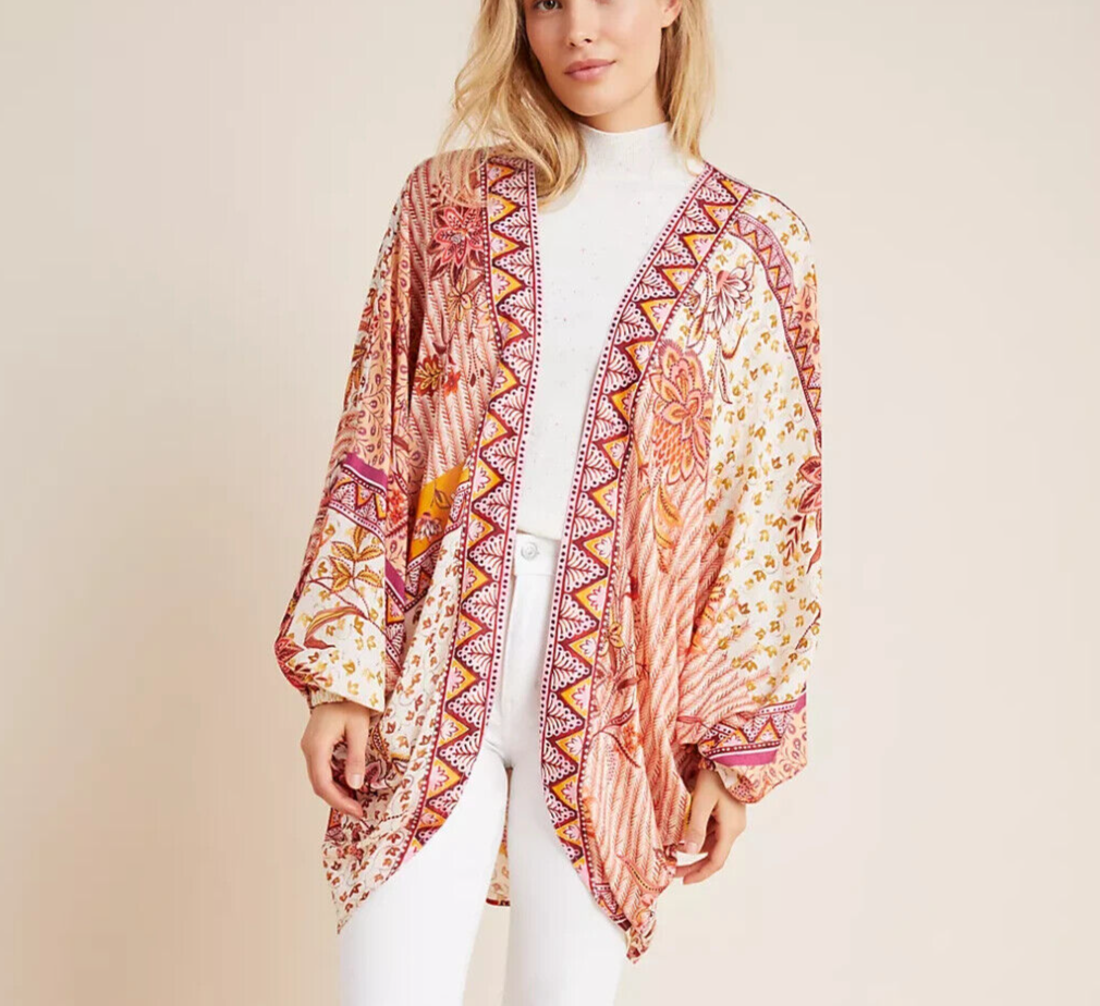 Anthropologie Madeline Cocoon Kimono Wrap One Size Coral Pink Cream Print