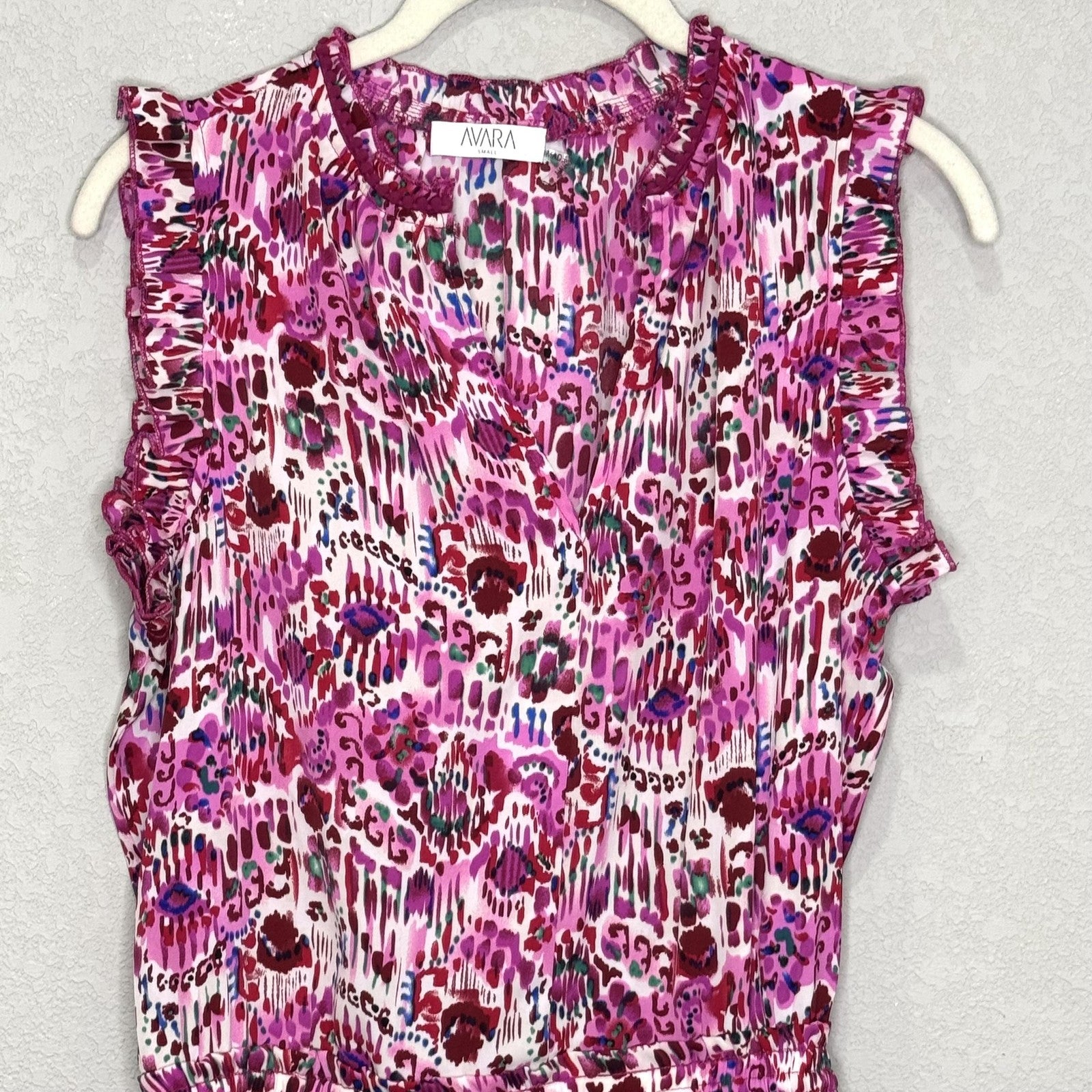 Avara Dress Womens Small Pink Purple Floral Ruffle Sleeveless Belted Tiered Boho
