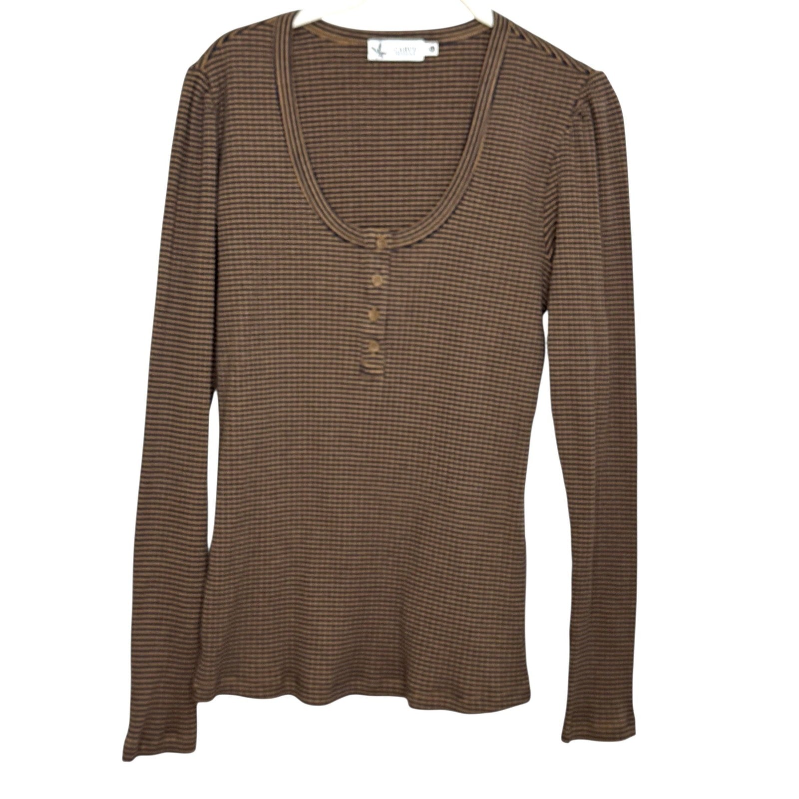 Carve Designs Emma Top Womens Medium Brown Cocoa Mini Stripe Long Sleeve Henley