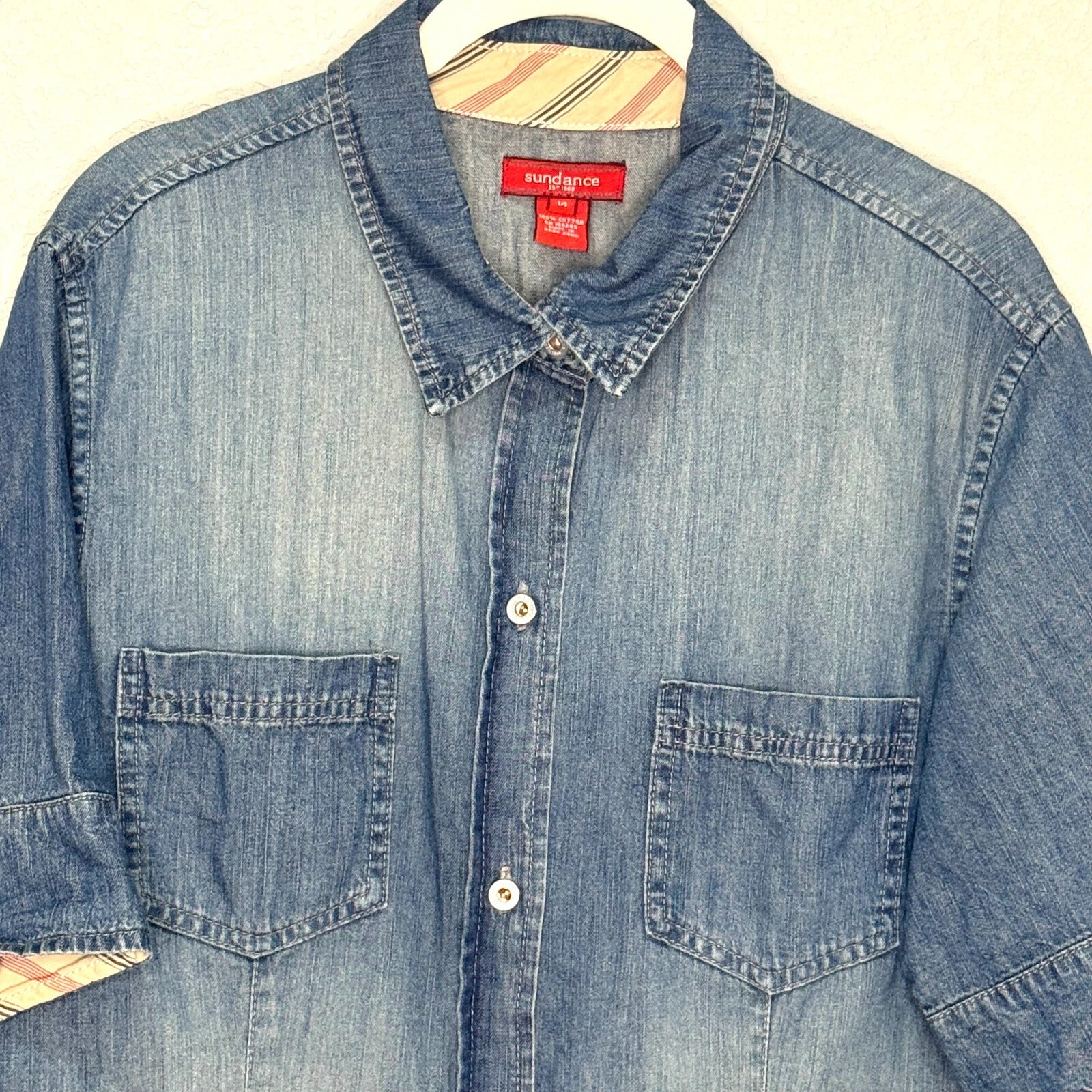 Sundance Button Down Denim Shirt Size 14 Short Sleeve 100% Cotton Short Sleeve