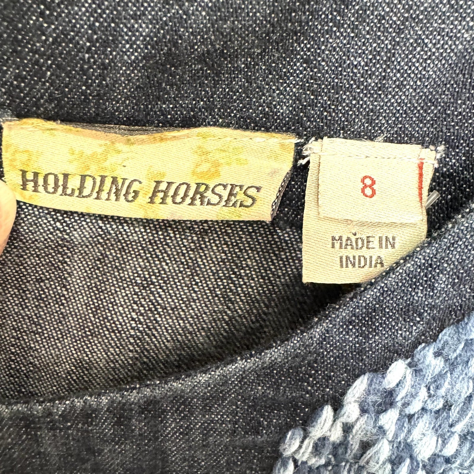 Holding Horses Dress Womens 8 Blue Denim Embroidered Floral Shift Anthropologie