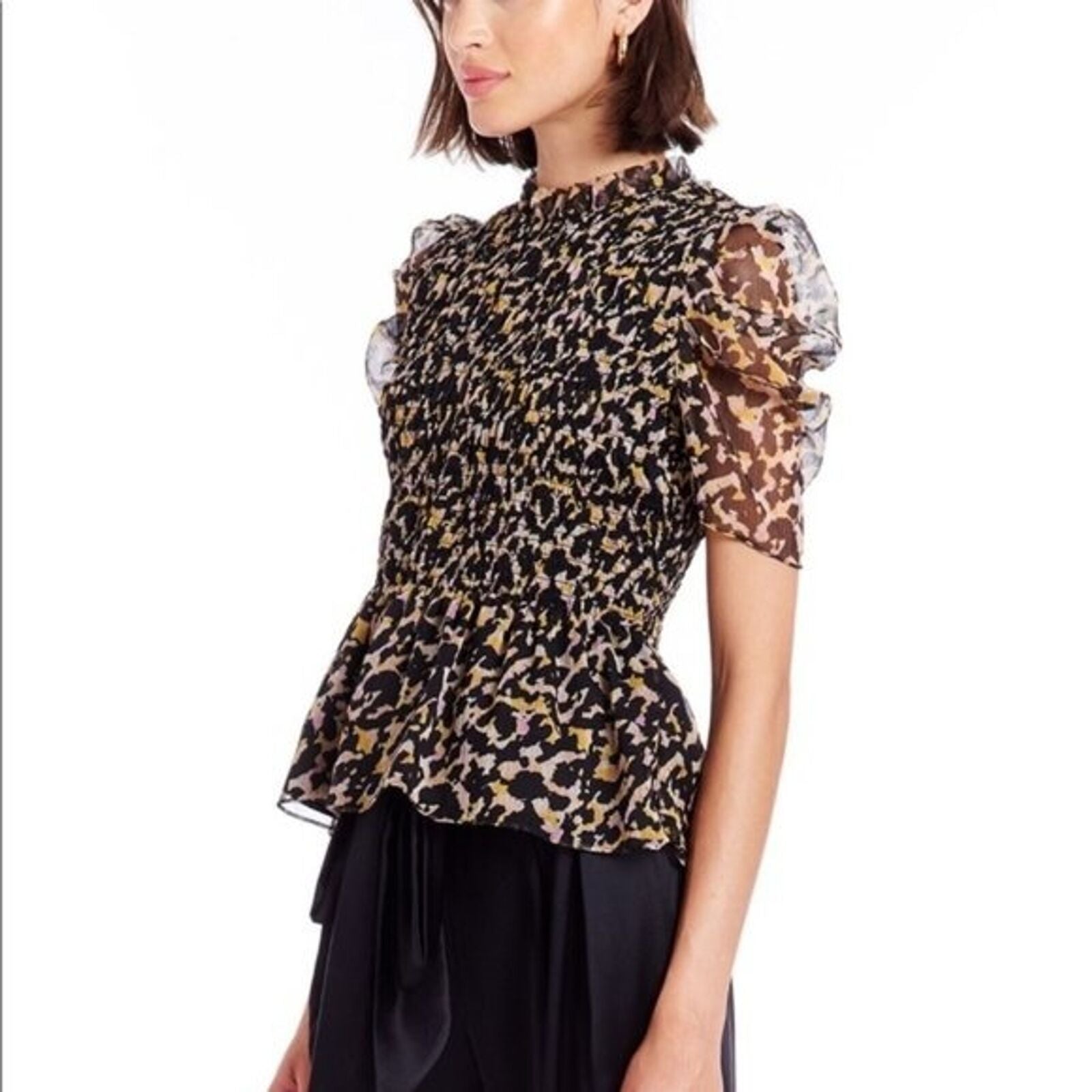 Amanda Uprichard Top Size Small Adrina Smocked Blouse Black Animal Print