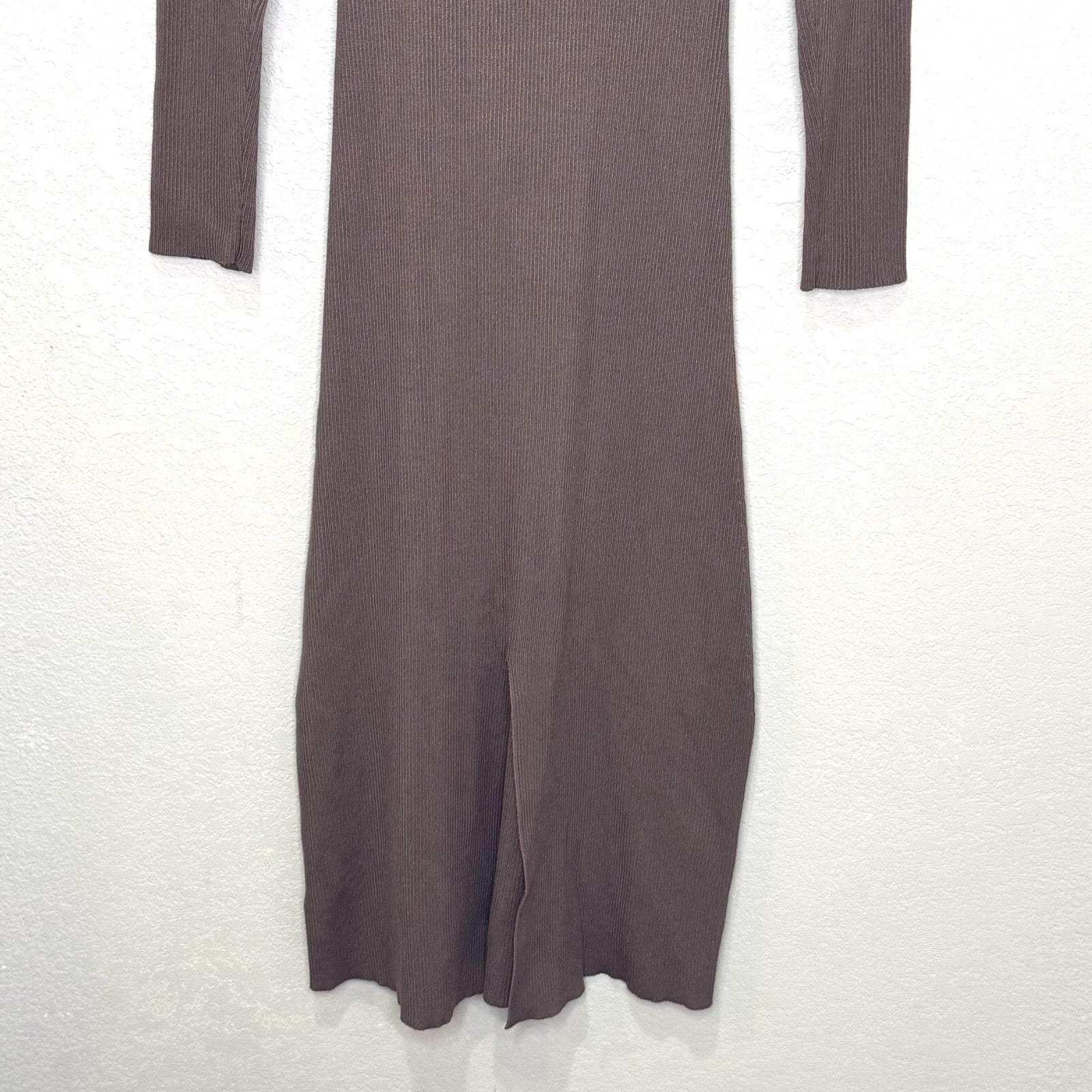 Evereve Dress Womens Small Brown Ribbed Knit Tie Waist Long Sleeve Midi Sweater