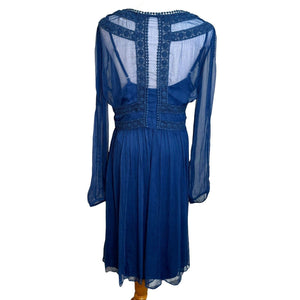 Sundance Time After Time Blue Lapis Sheer Lace Long Sleeve Slip Dress Size 12