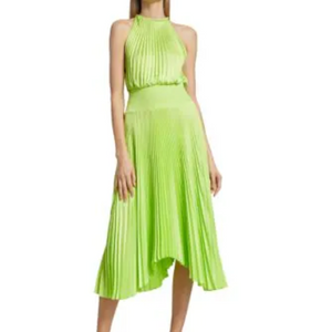 A.L.C. Renzo II Green Pleated Asymmetric Hem Midi Fit & Flare Dress Size 8