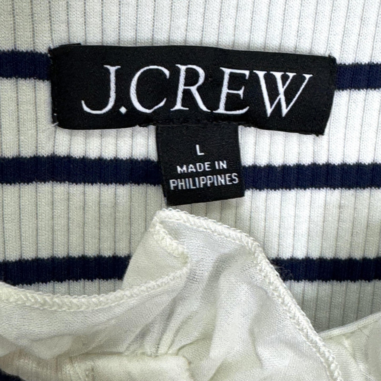 J.Crew Shirt Womens Large White Navy Striped Ruffle Henley Long Sleeve BP053