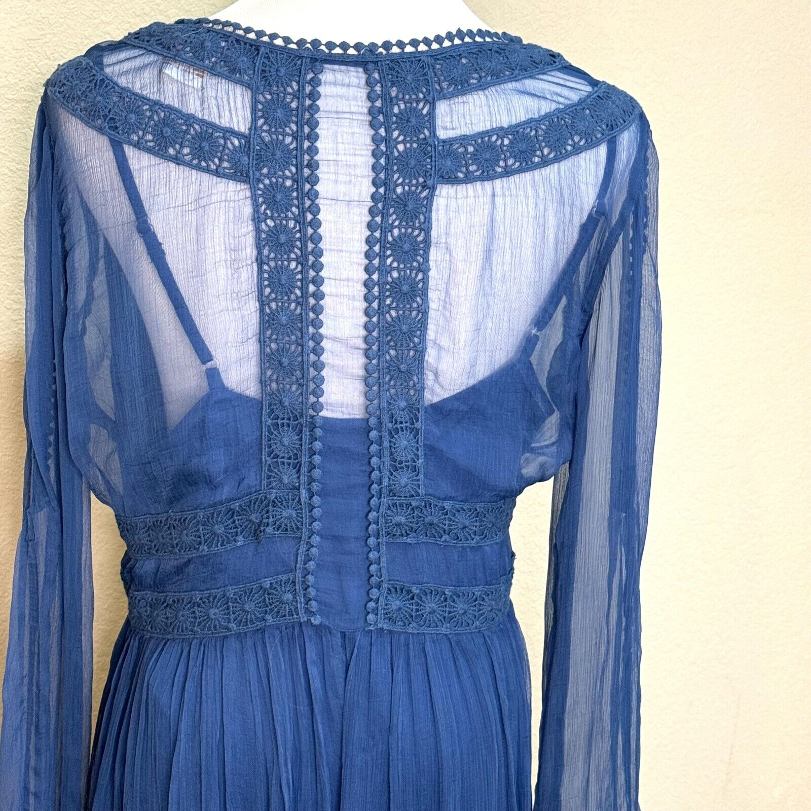 Sundance Time After Time Blue Lapis Sheer Lace Long Sleeve Slip Dress Size 12