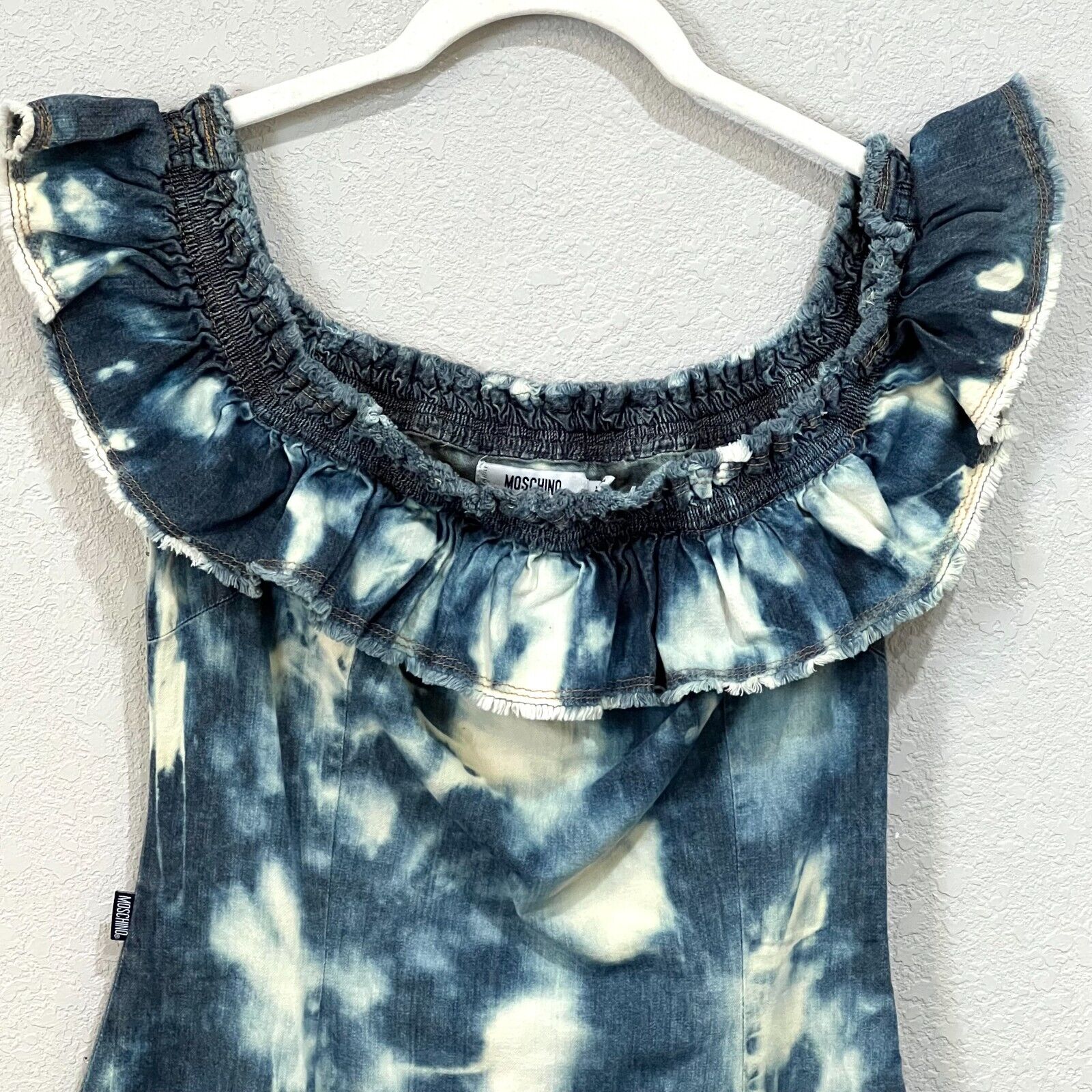 Moschino Blue White Denim Tie Dye Off The Shoulder  Mini Dress Size Small