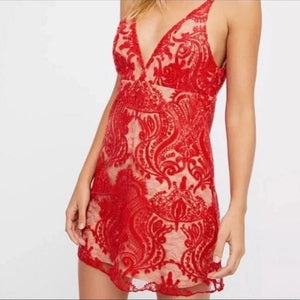 Free People Romper Womens 0 Red Sequin Lace Mesh V Neck Spaghetti Straps Mini