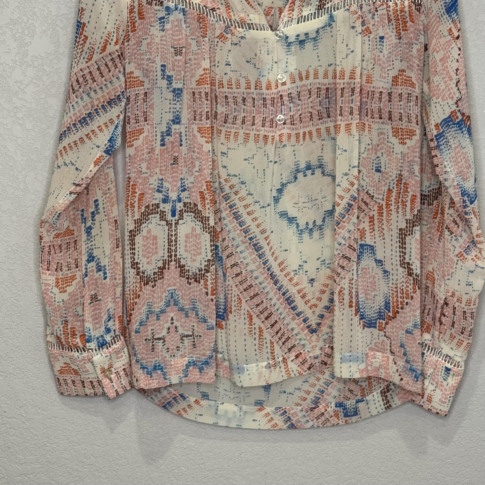 Anthropologie Dolan Blouse Small Multicolor Boho Long Sleeve Sheer Printed Top