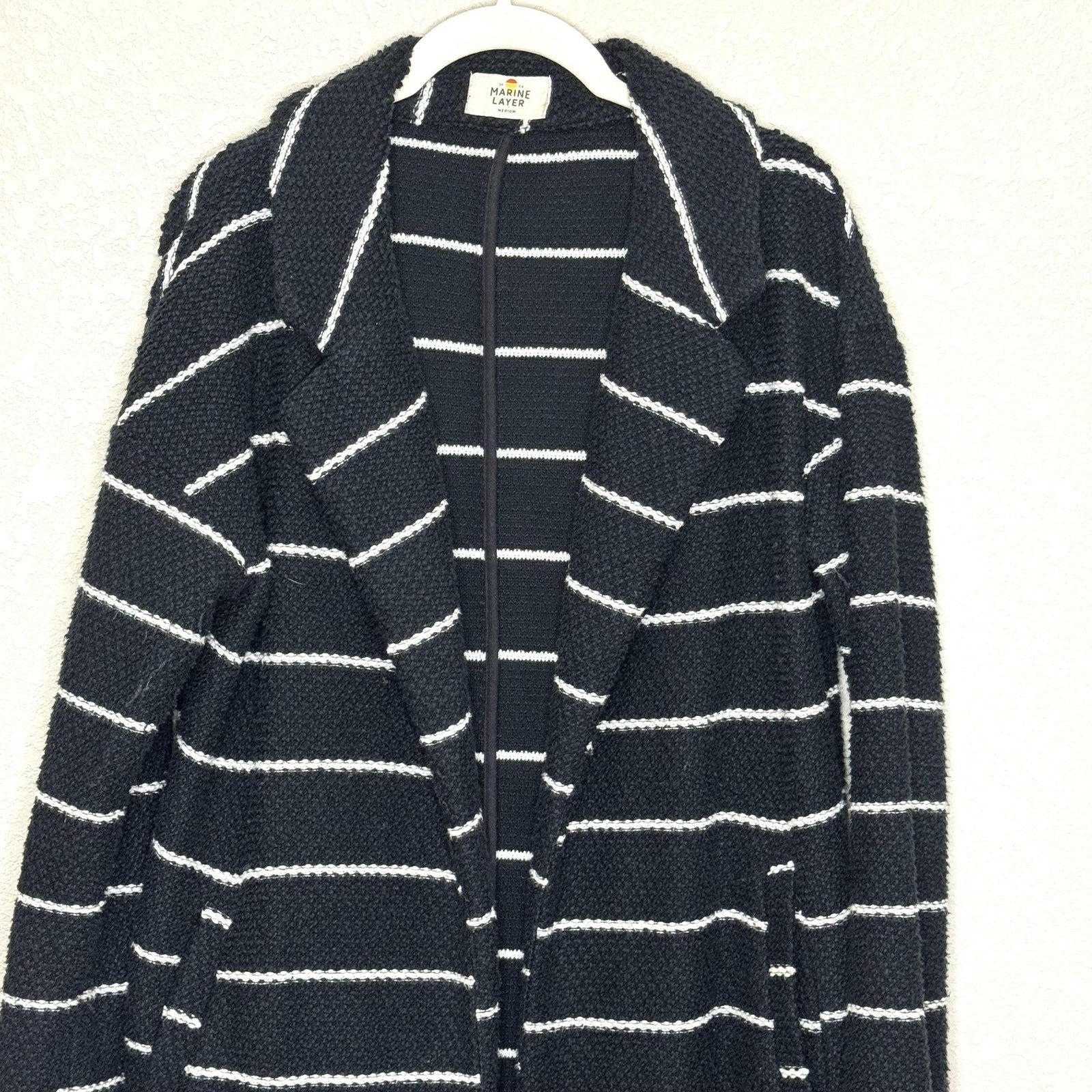 Marine Layer Sweater Coat Womens Medium Black White Striped Open Front Cardigan