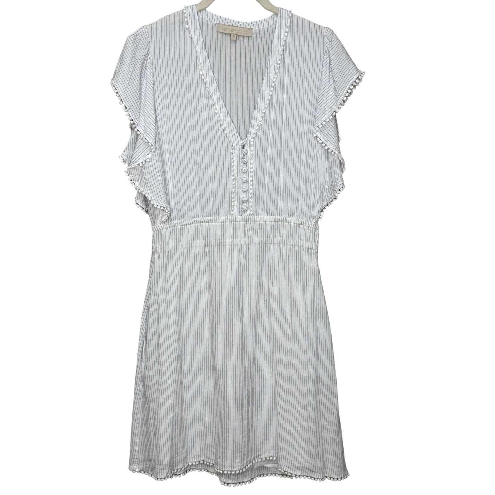 Vanessa Bruno Dress Womens 38 Striped Ruffle Mini Boho Pom Trim Summer