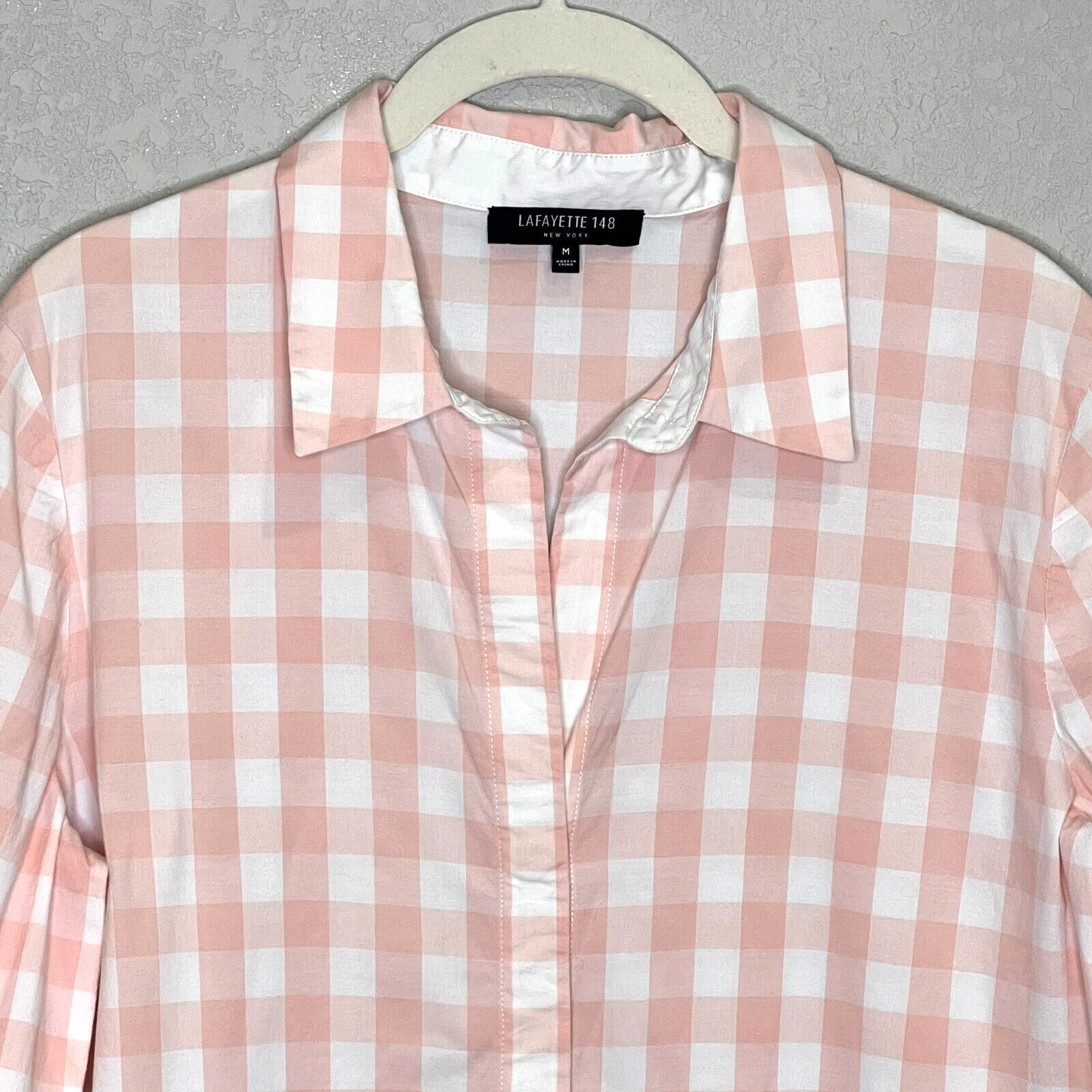 Lafayette 148 Pink White Gingham Asymmetrical Shirt Tunic Size