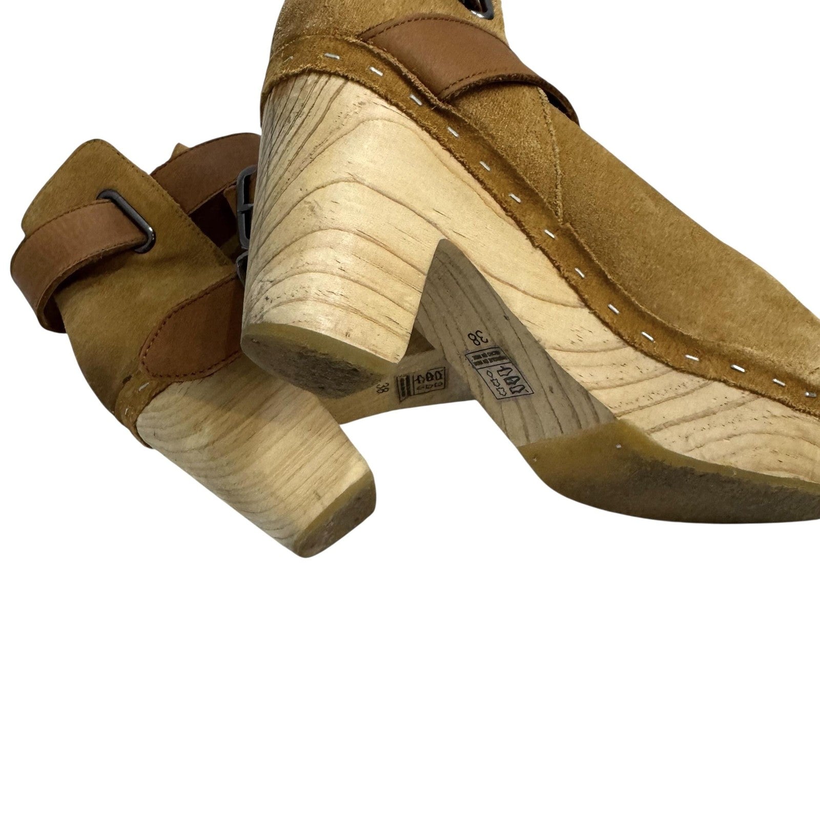 Free People Boots Womens Size 38 Tan Suede Clog Ankle Wrap Wooden Heel 500030907