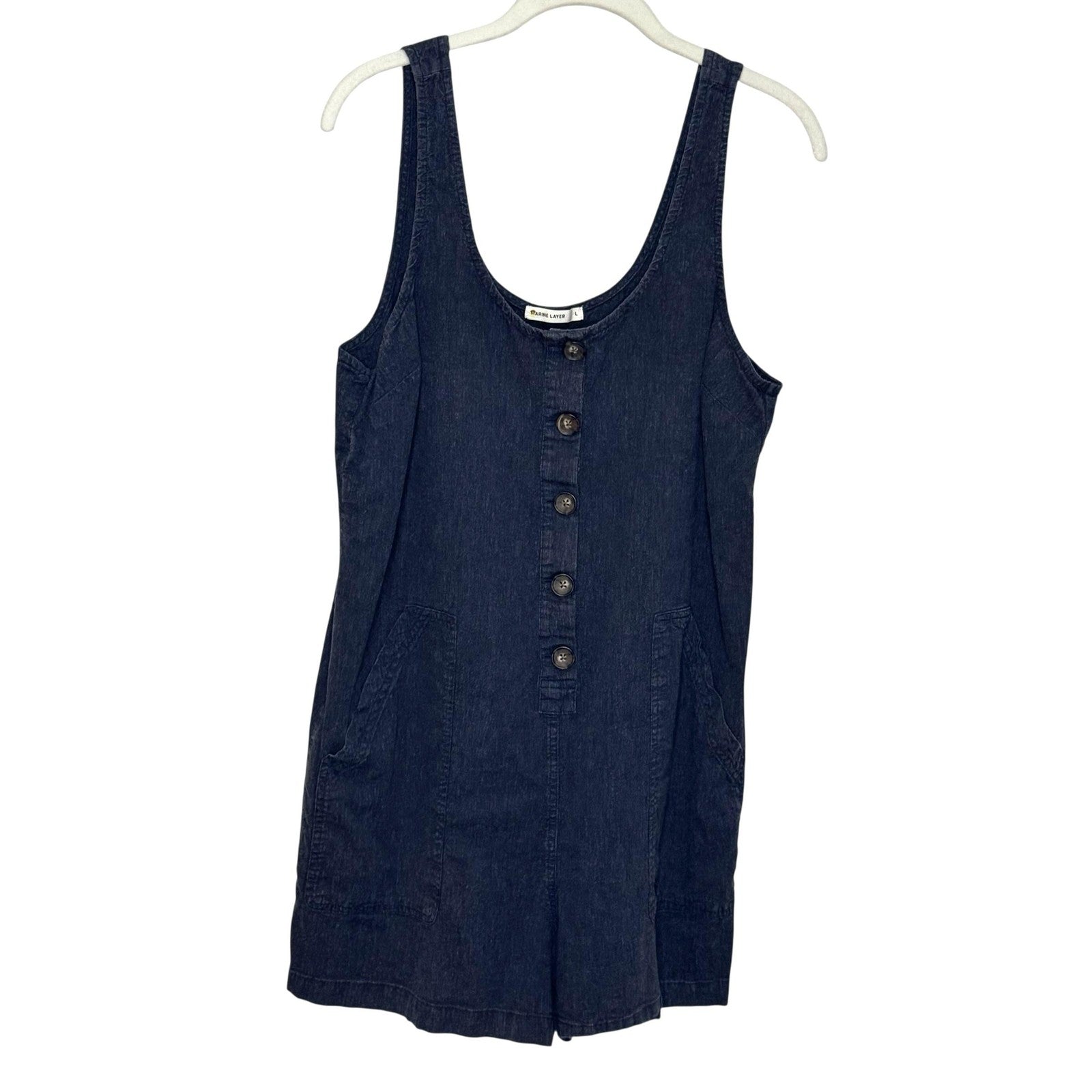 Marine Layer Sydney Romper Womens Large Blue Denim Button Front Pockets Summer