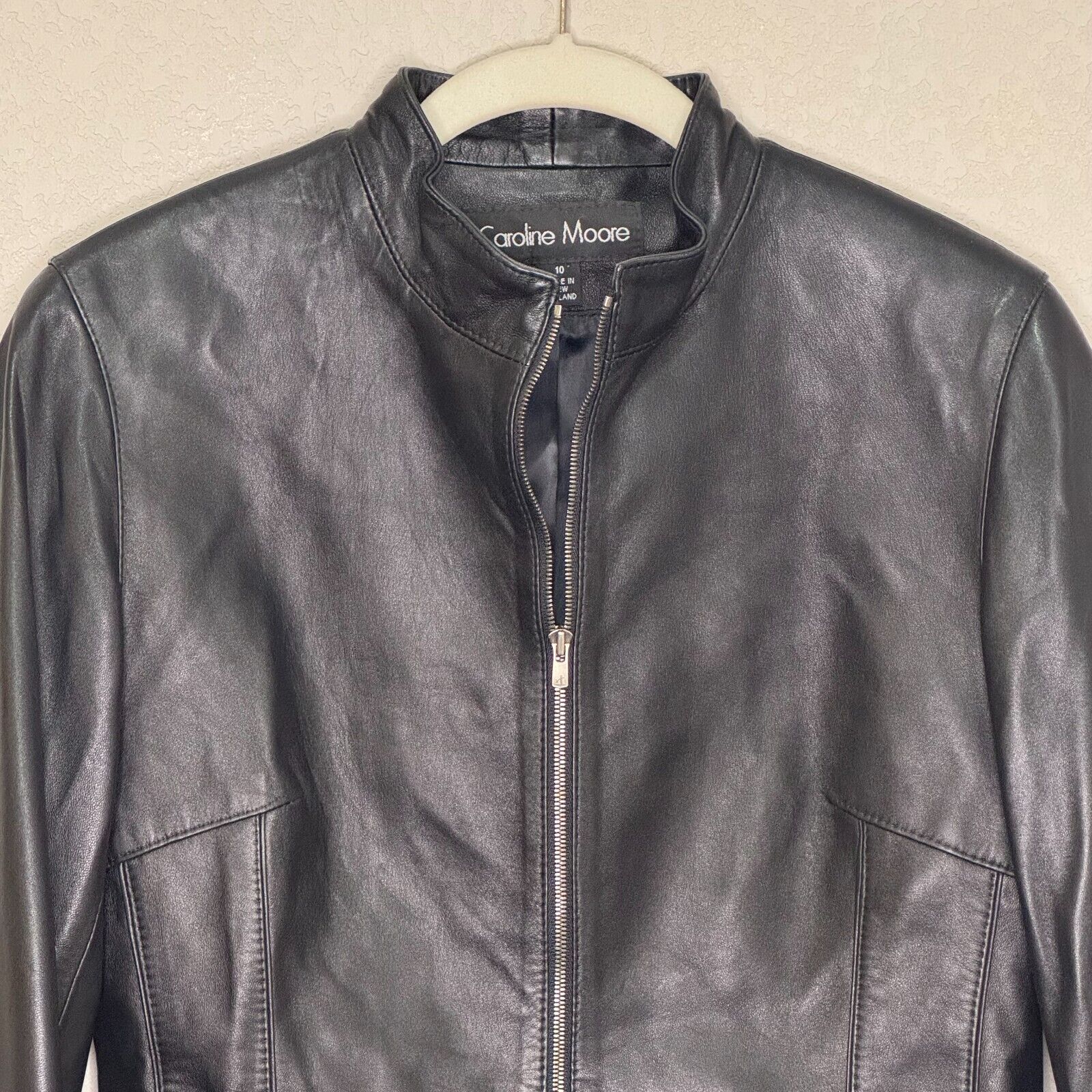 Caroline Moore New Zealand Lambskin Leather Jacket Size 10 Black Lined