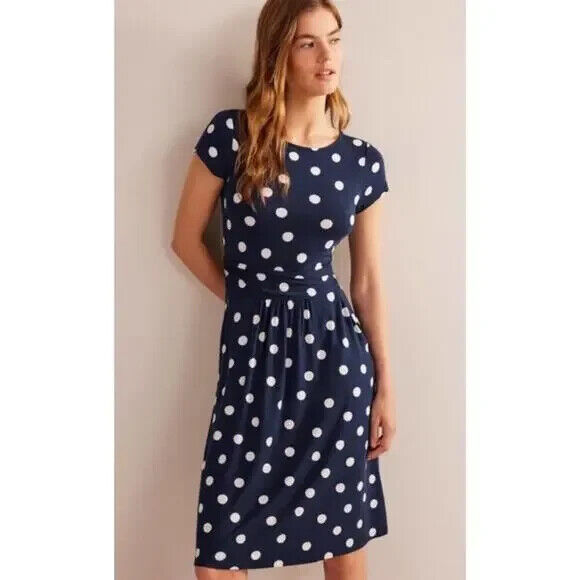 Boden Amelie Jersey Dress Size 8 Navy Blue White Painterly Spot Polka Dots