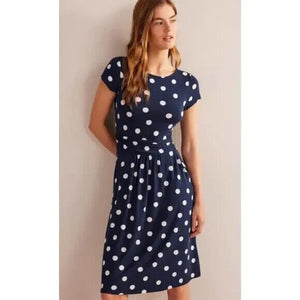 Boden Amelie Jersey Dress Size 8 Navy Blue White Painterly Spot Polka Dots