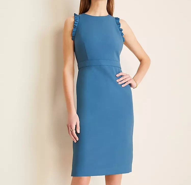 Ann Taylor Dress Womens 6 Sleeveless Ruffle Sheath Pleated Trim Career Office