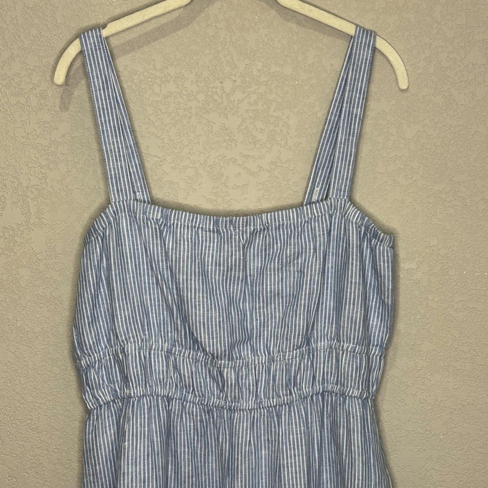 Amour Vert Dress Womens Medium Blue Stripe Elio Linen Tiered Midi Strappy Lined