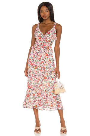 ASTR the Label Maxi Dress Size Large Wildfloral Red Pink Floral Ruffles Cutout