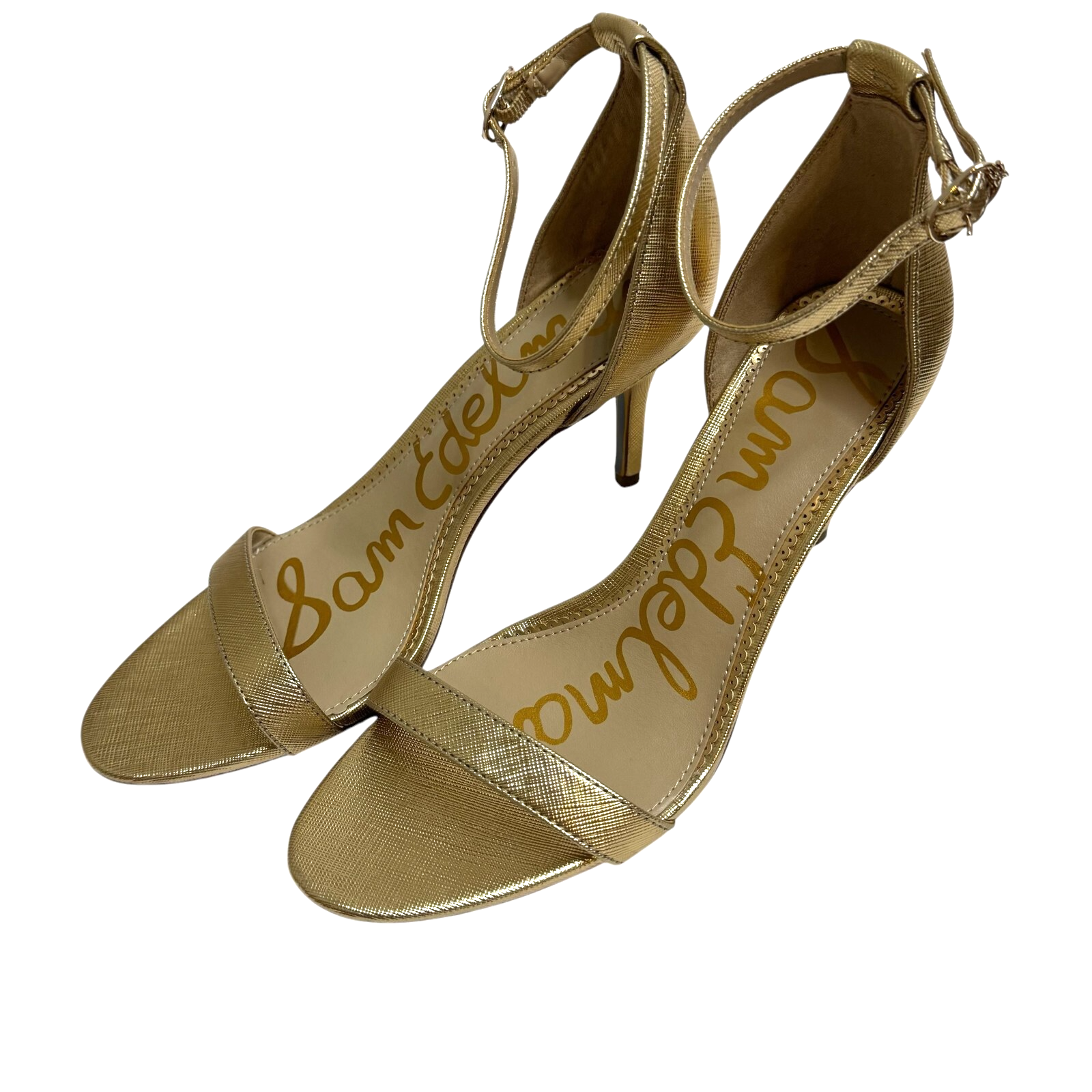 Sam Edelman Patti Sandals Heels Size 8 Ankle Strap Gold Quartz Metallic NEW