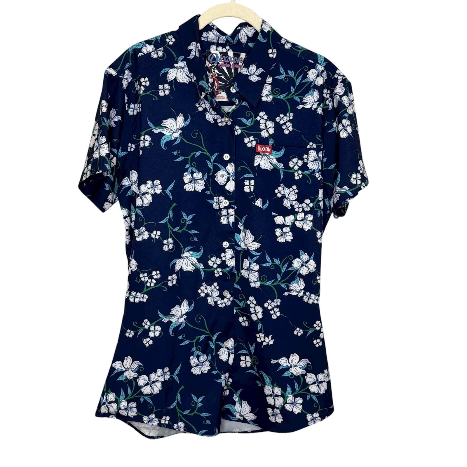 Dixxon Shirt Womens Large Navy Aloha Series Hawaiian Floral Button Up Stretch