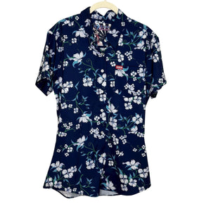 Dixxon Shirt Womens Large Navy Aloha Series Hawaiian Floral Button Up Stretch