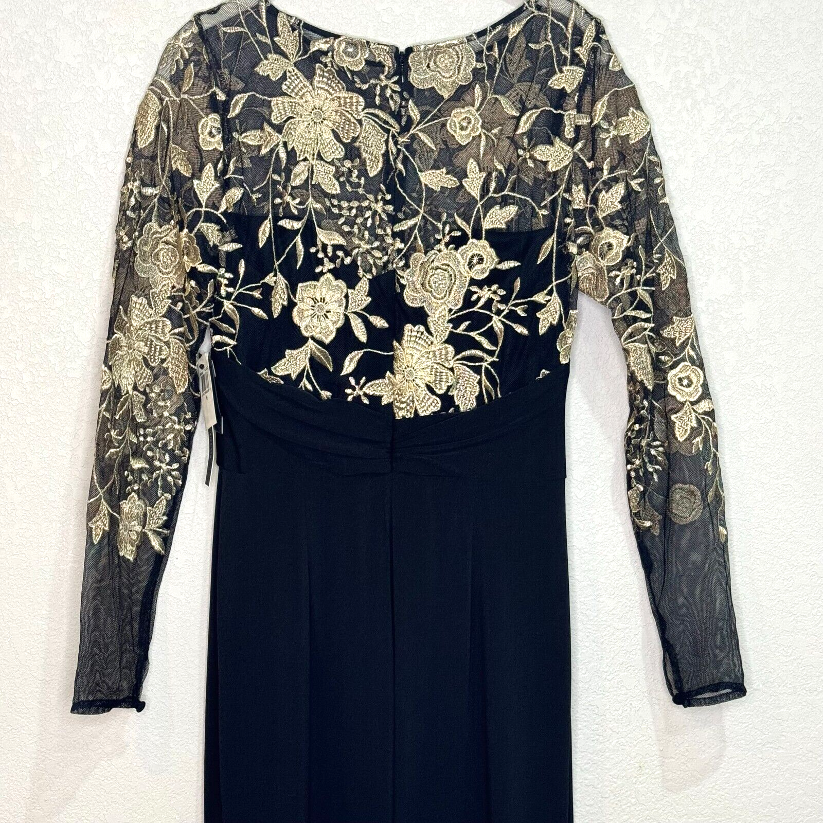 David Meister NWT Black Full Length Gown Gold Lace Illusion Floral Bodice Size 6