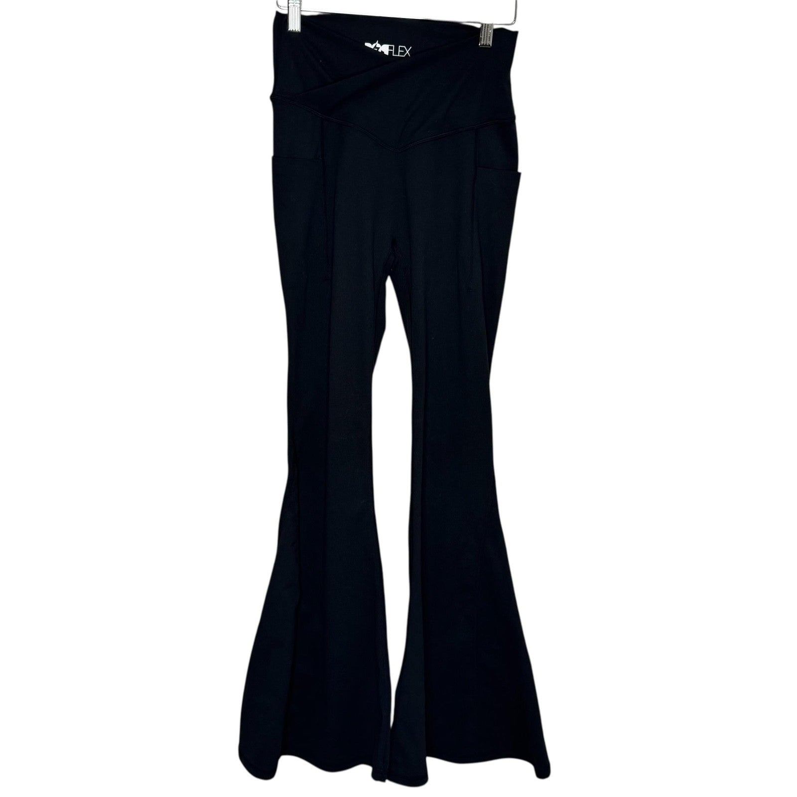 POPFLEX Pants Womens Medium Black Magical Flare Yoga Crossover Waist Pockets