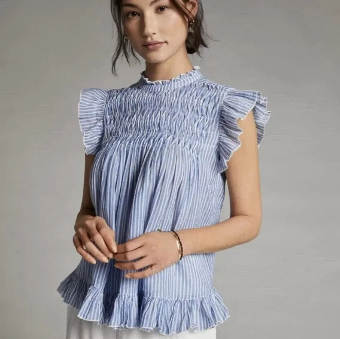 Anthropologie Blouse Size XS Vintage Charm Ruffled Peplum Blue Striped Flutter