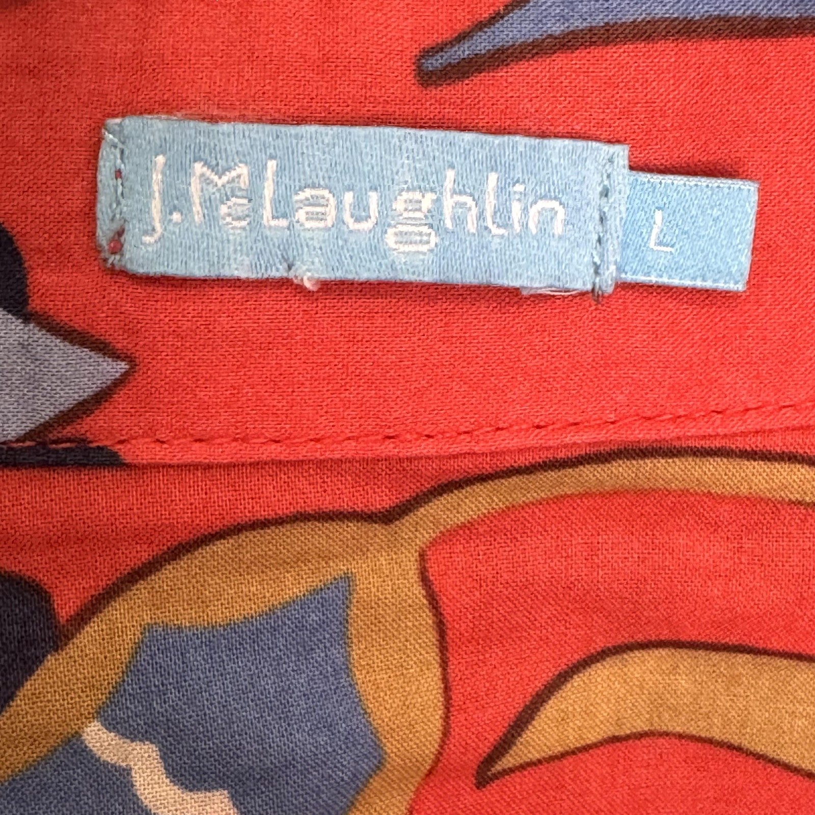 J McLaughlin Shirt Mens Large Red Blue Tan Floral Button Up Long Sleeve Cotton