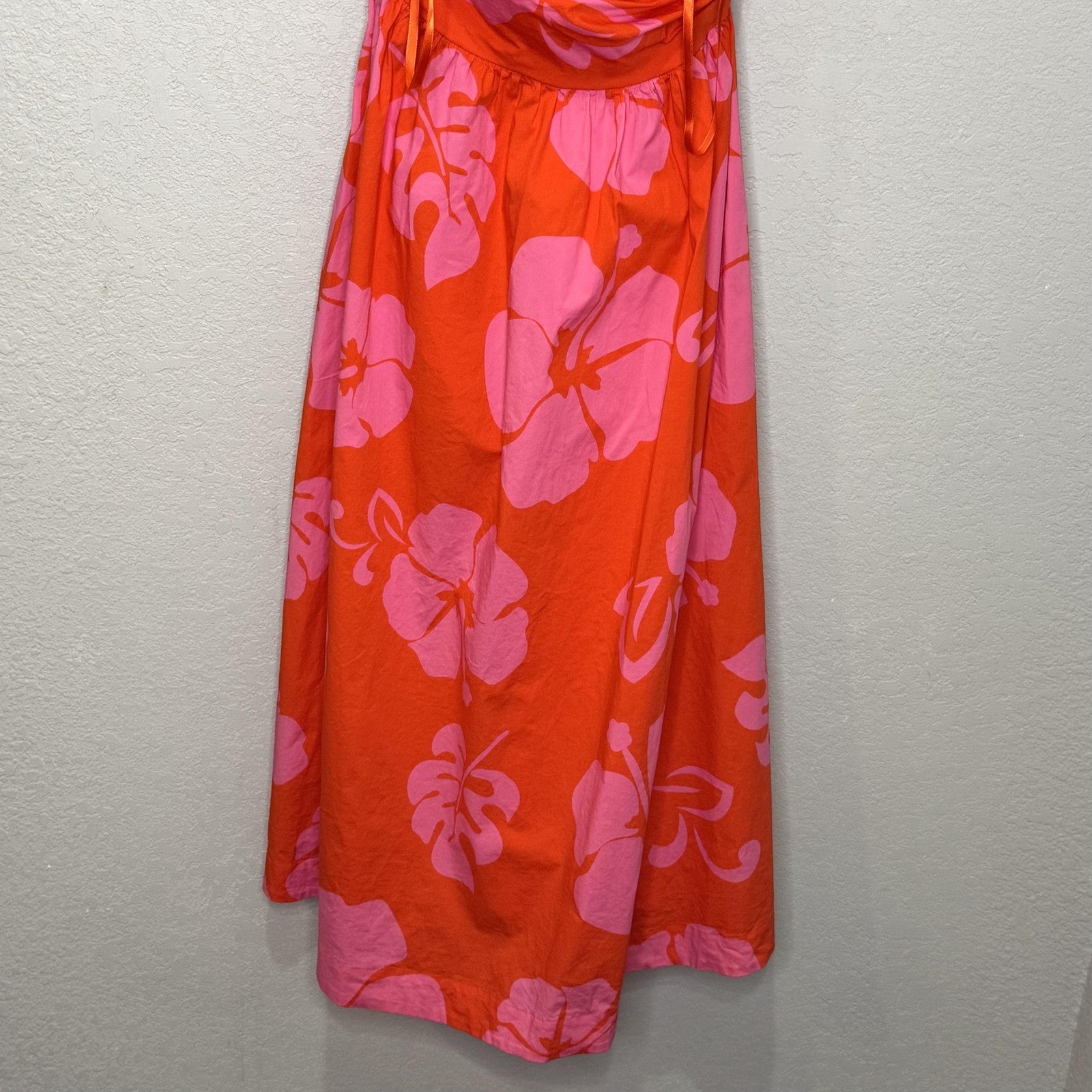 Staud Dress Moana 8 Red Pink Floral Halter Midi Open Back Summer Vacation Beach