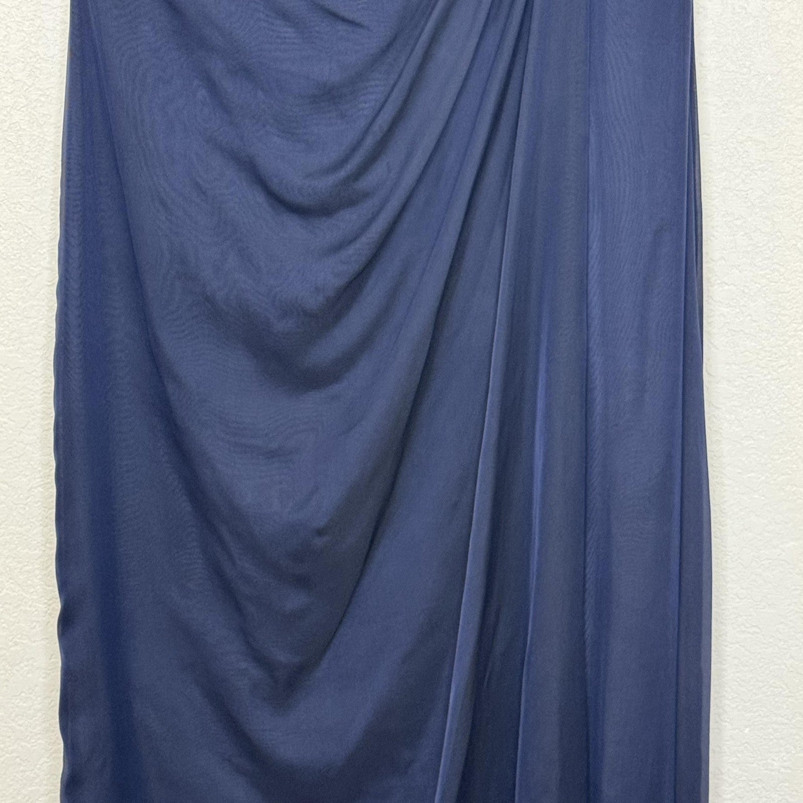 Teri Jon Evening Gown Womens 8 Navy Blue Silk One Shoulder Ruffle Formal Dress