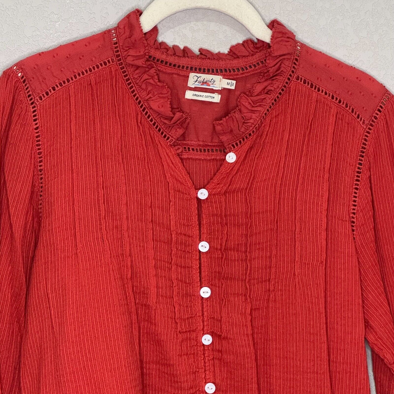 Faherty Willa Shirt Size Medium Rust Long Sleeve Pintuck Ruffle Peasant Blouse