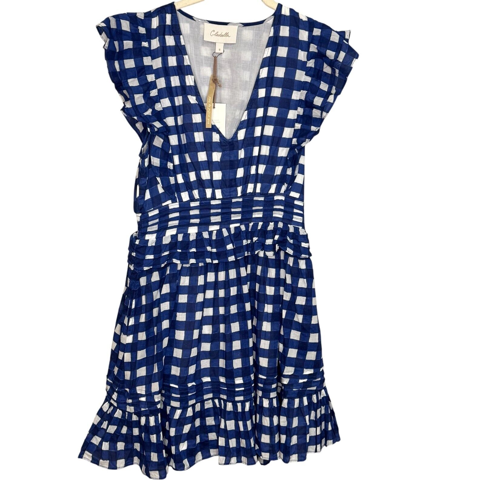 Cleobella Benny Mini Dress Size Small NEW Blue White $250 Ruffle Sleeve Smocked