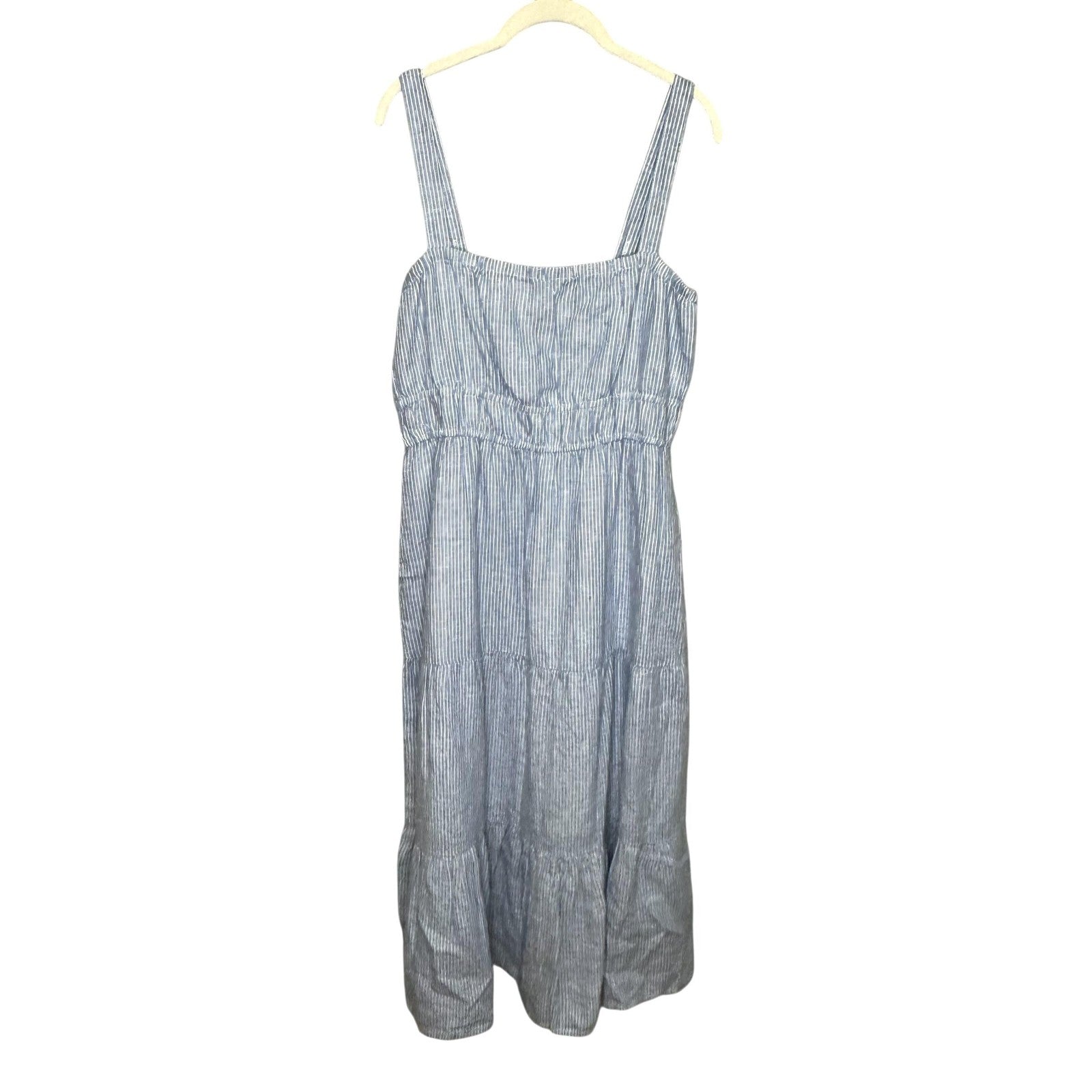 Amour Vert Dress Womens Medium Blue Stripe Elio Linen Tiered Midi Strappy Lined