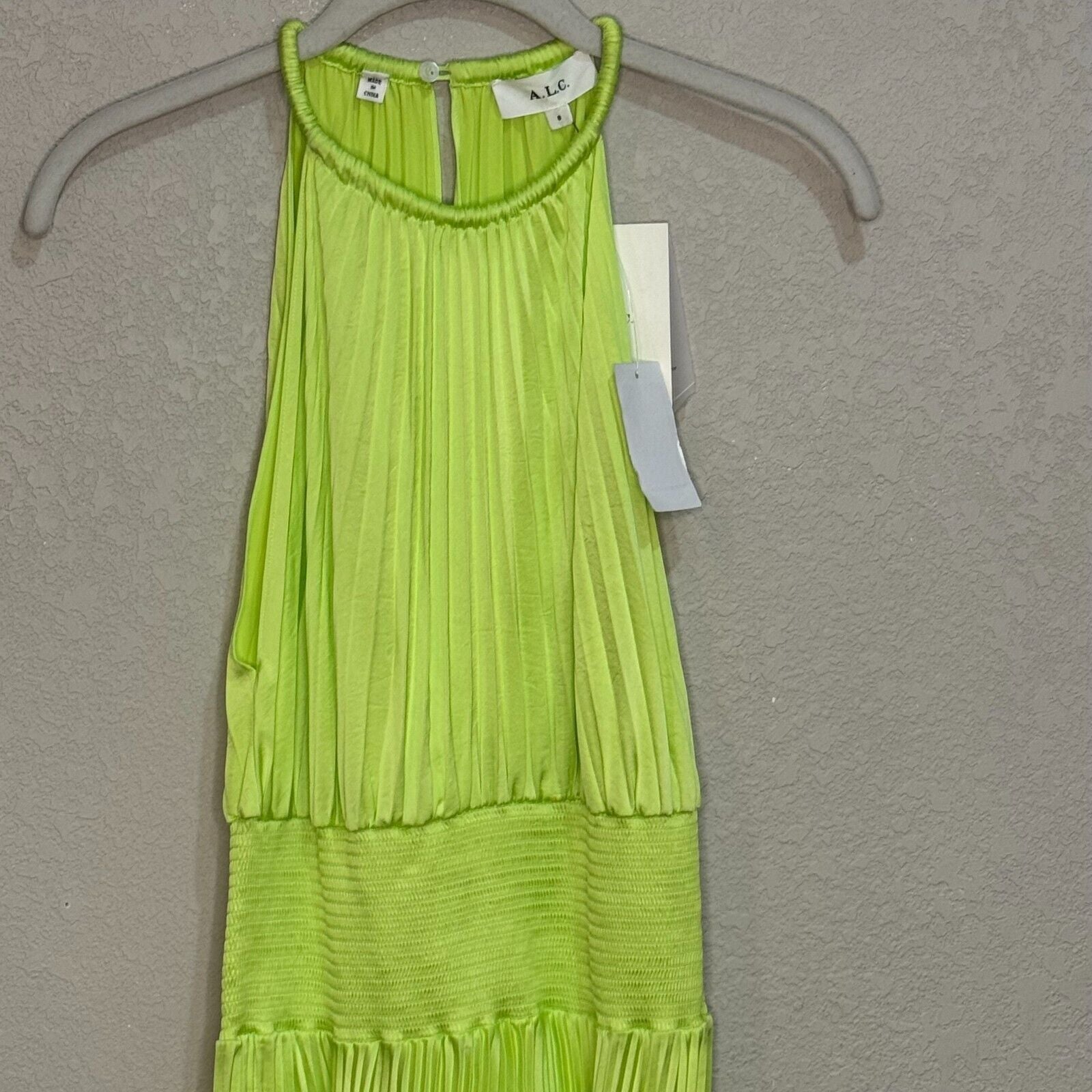 A.L.C. Renzo II Green Pleated Asymmetric Hem Midi Fit & Flare Dress Size 8