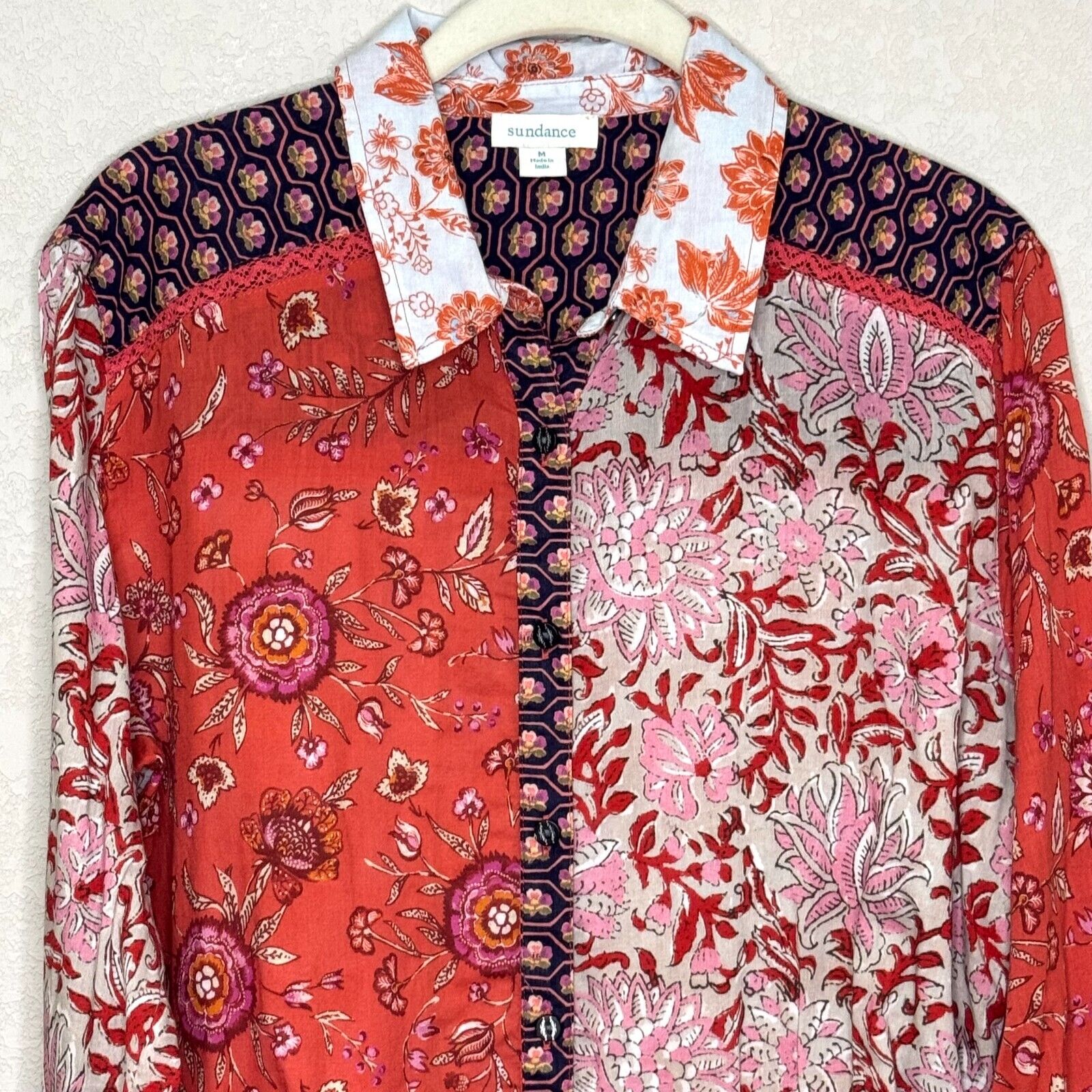 Sundance Patchwork Shirt Blouse Size Medium Cotton Long Sleeve Button Up