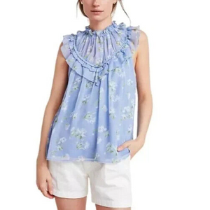 Ranna Gill Blue Floral Ruffle Neck Lavender Fields Blouse Size Large NEW $120